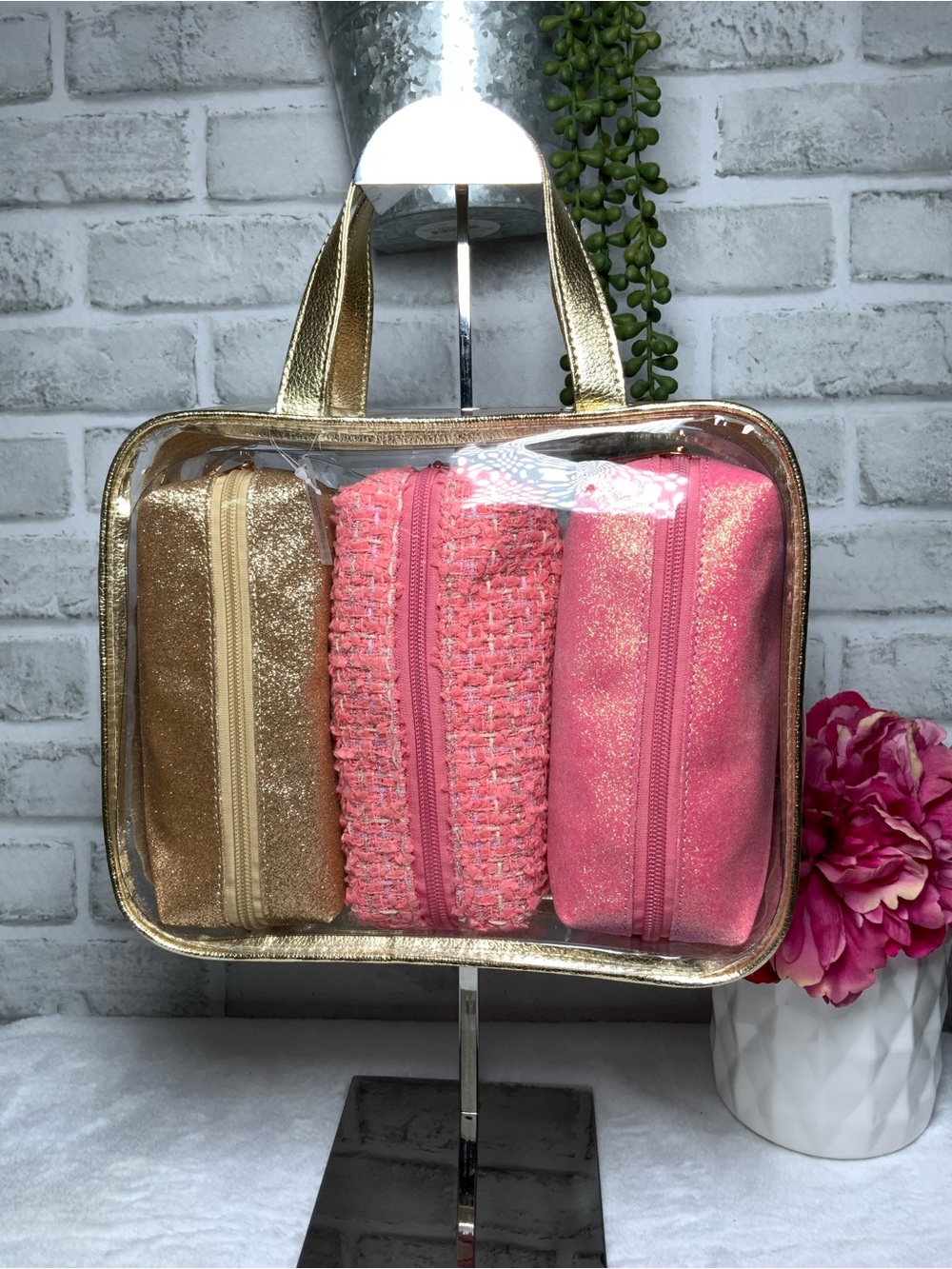 Clear Travel Tote with Gold Handles and Pink/Gold Pouches